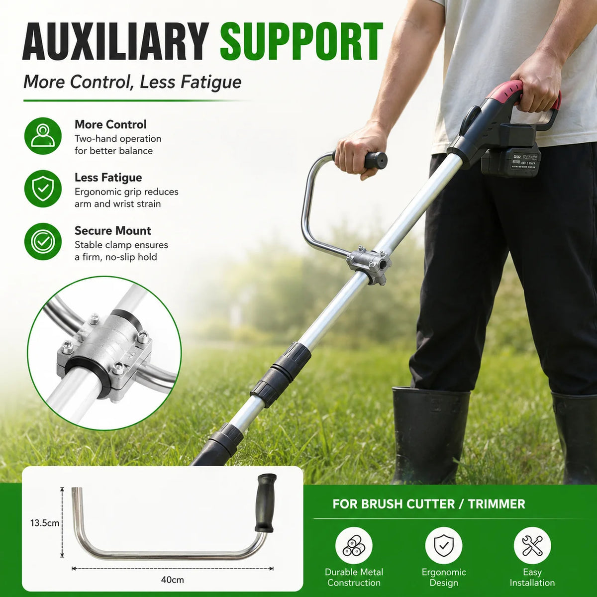 A person holds a silver auxiliary handle for a brush cutter or trimmer, demonstrating its ergonomic design and secure mount.