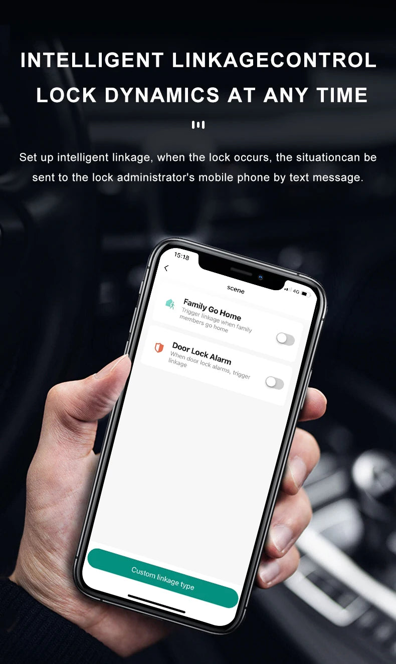 A hand holds a smartphone displaying an intelligent linkage control interface for a door lock system.