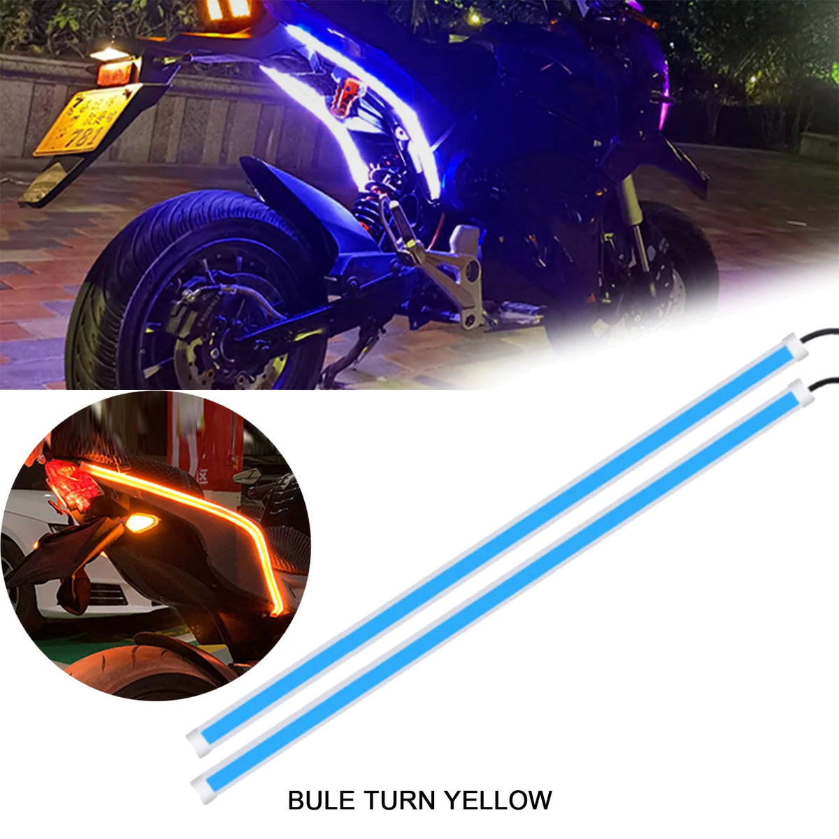 Flexible LED-Motorradleiste in blau und gelb für Blinker