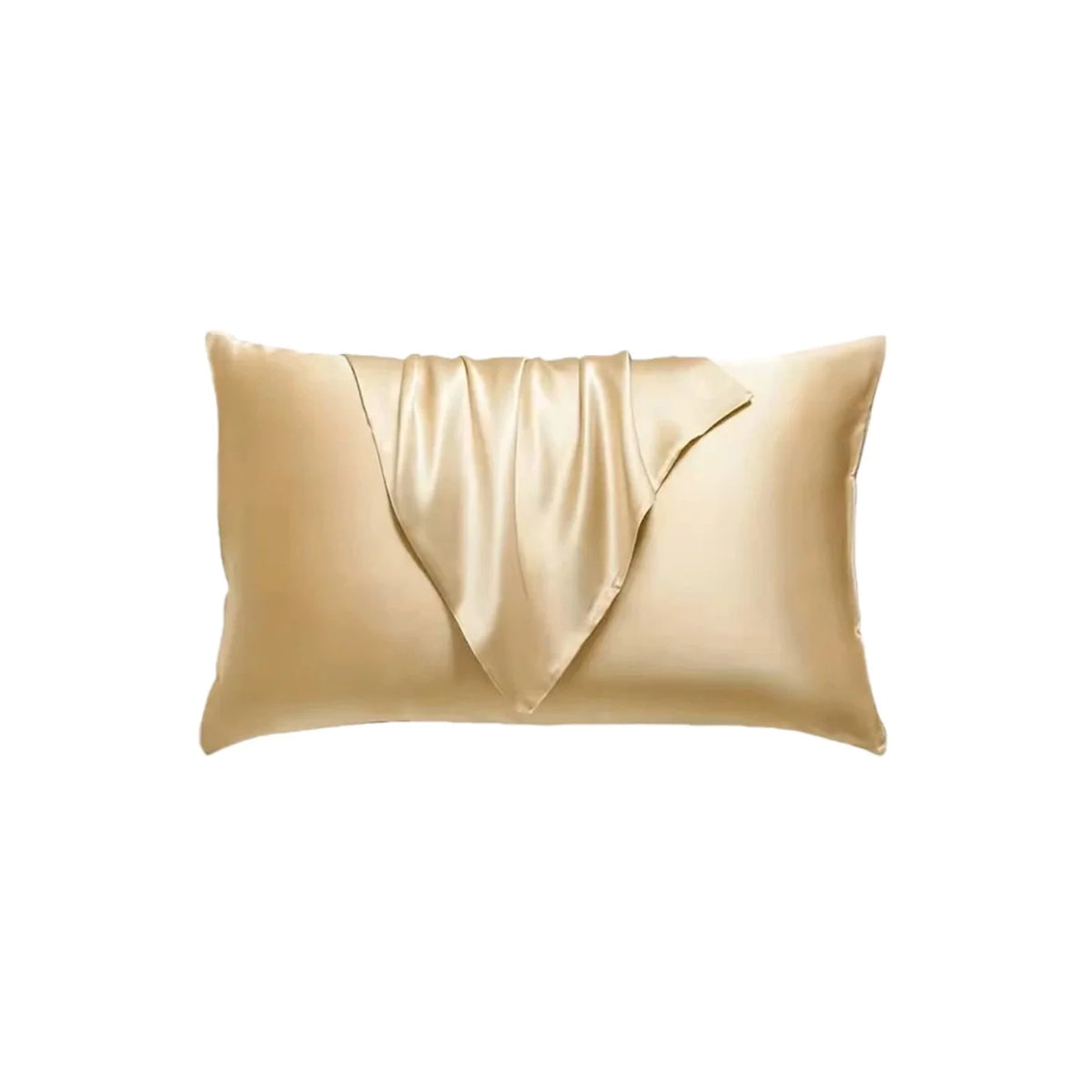 A golden satin pillowcase with a draped design.