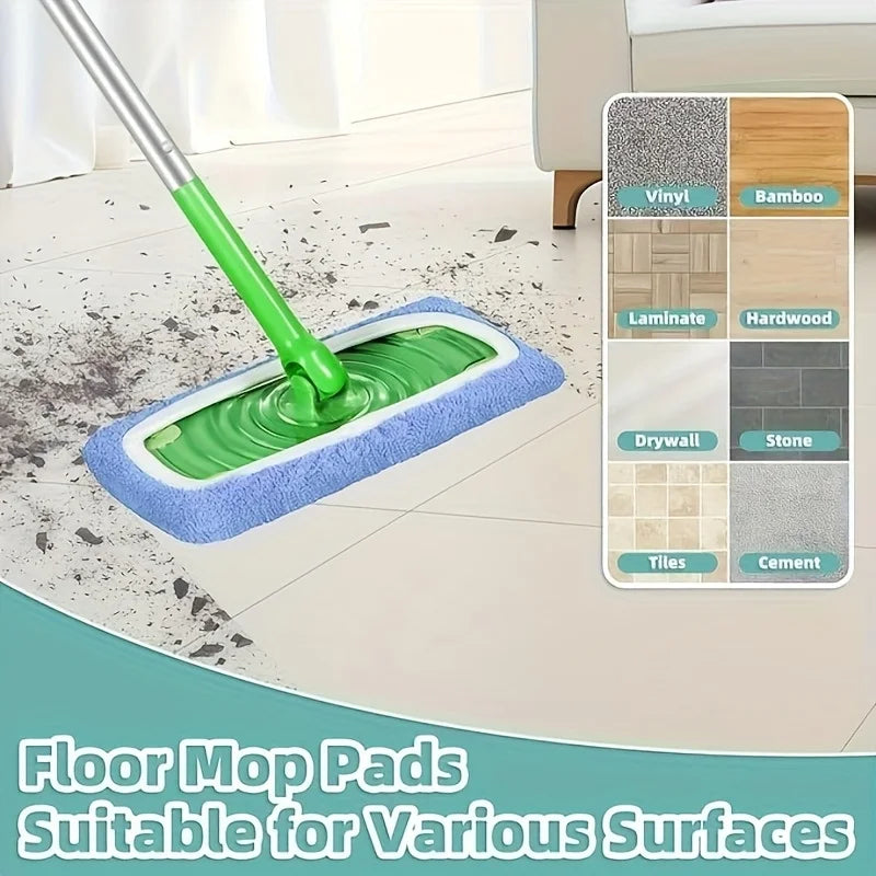 A green mop is being used on a floor with blue mop pads, demonstrating floor mop pads suitable for various surfaces.