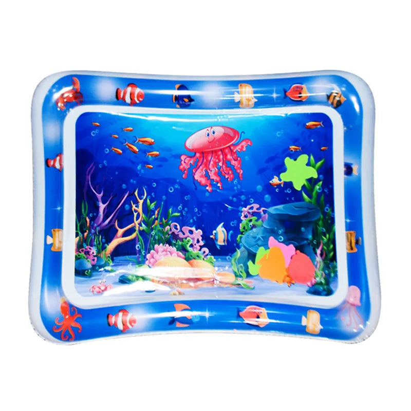 A blue inflatable baby water play mat filled with colorful floating toys and aquatic scenes.
