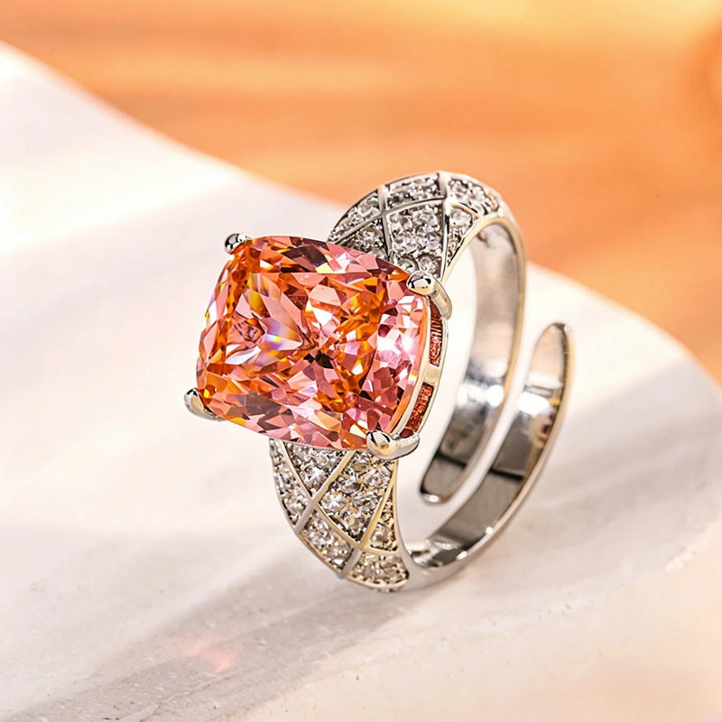 Adjustable Silver-Plated Cushion-Cut CZ Statement Ring