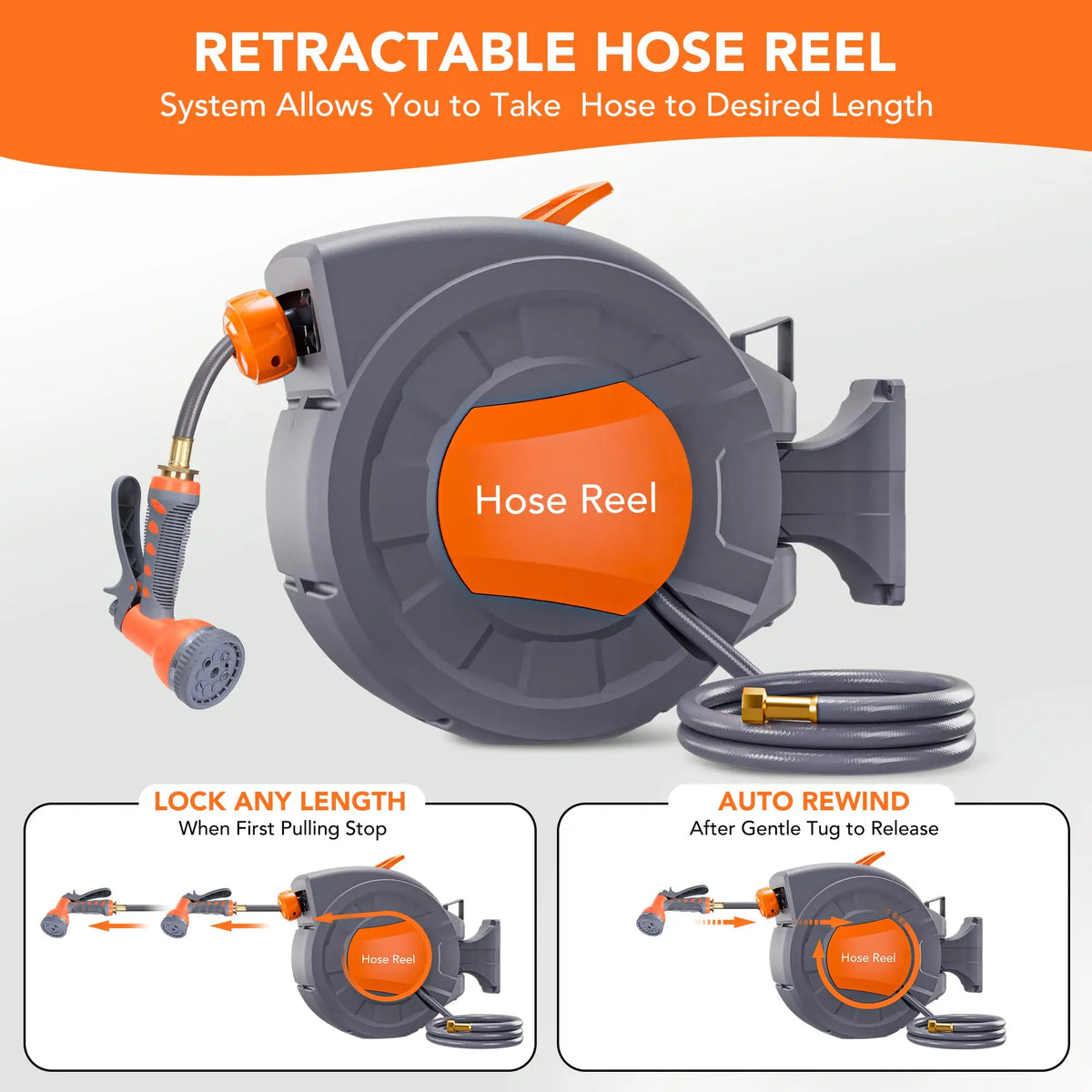 A gray retractable hose reel system showing the hose being extended and coiled.