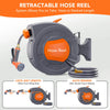A gray retractable hose reel system showing a hose being pulled to a desired length and an auto rewind feature.