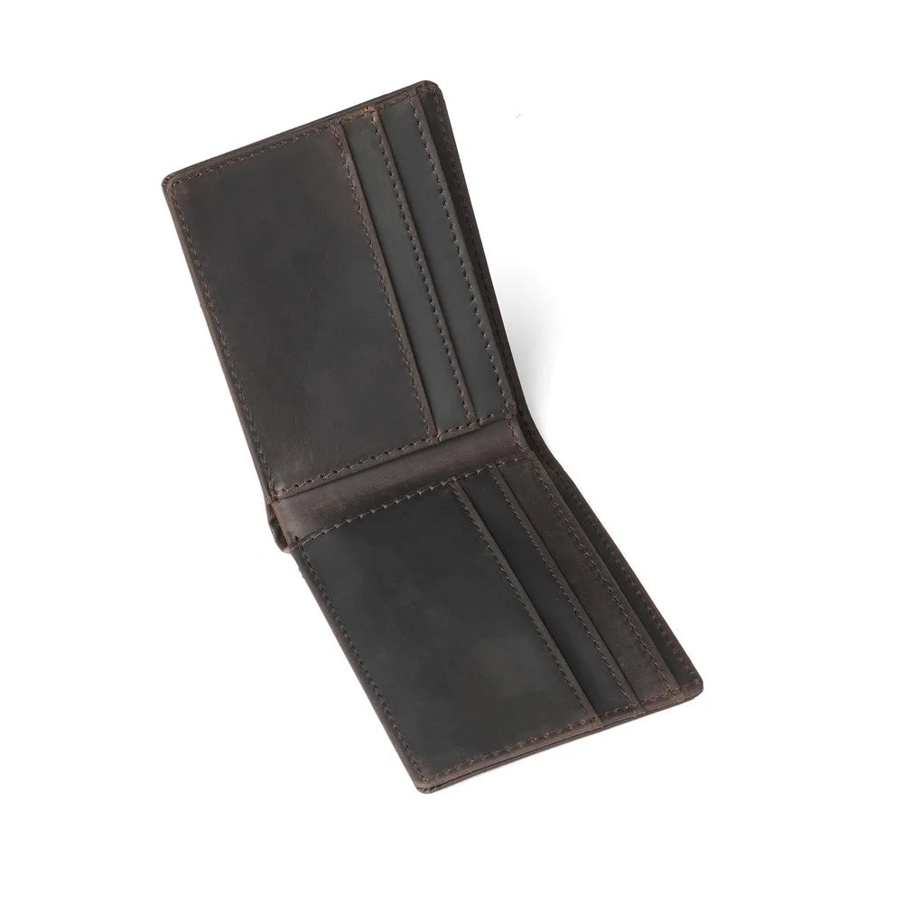A dark brown men's genuine cowhide leather bifold wallet with a retro finish.