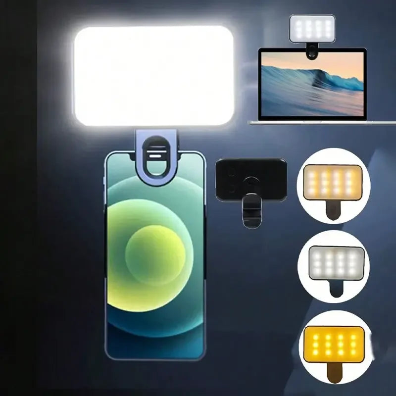Clip-On LED Selfie Light with 3 Color Modes and Adjustable Brightness