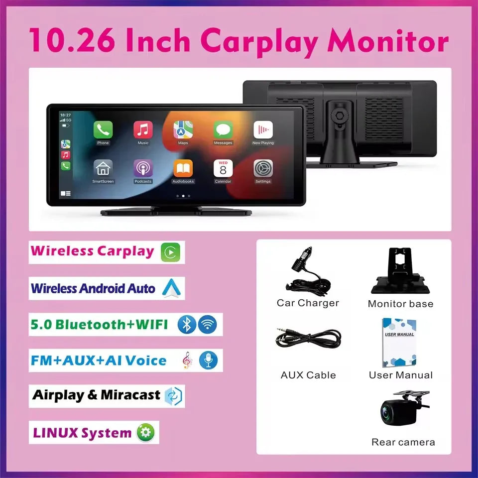 A 10.26 inch Carplay monitor display and related accessories including a car charger, monitor base, AUX cable, user manual, a