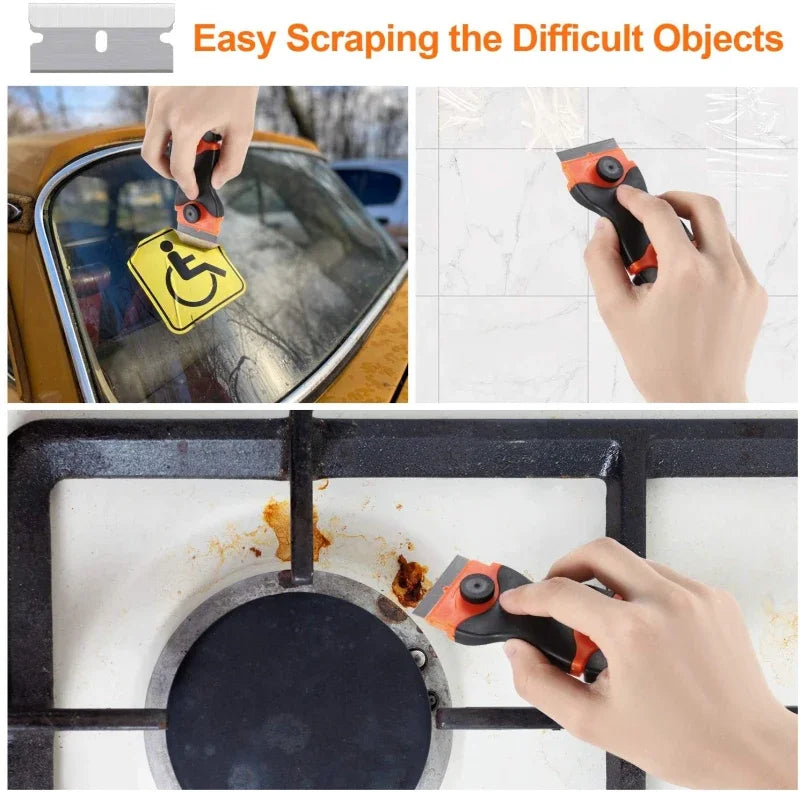 A hand uses an orange scraping tool to remove a sticker from a car window and another hand uses the same tool to scrape resid