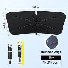 Black umbrella windshield sun shade measuring 142cm by 75cm with hemmed edges