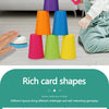 Colorful plastic cups of various shapes and colors arranged in a tower with matching cards.