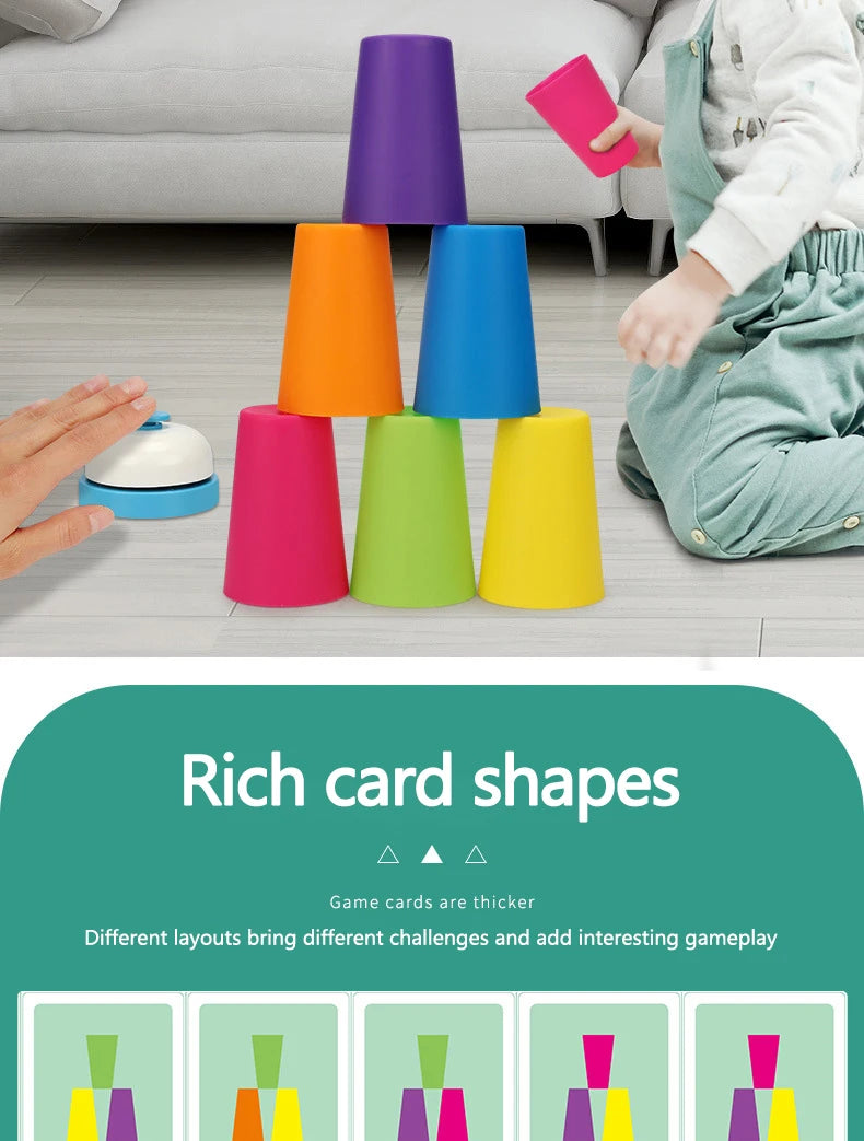 Colorful plastic cups of various shapes and colors arranged in a tower with matching cards.