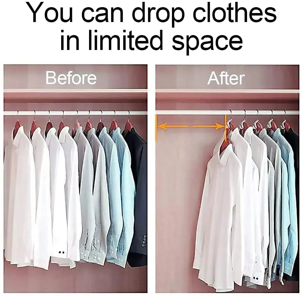 Before and after comparison showing how clothes are dropped in limited space using hanger connectors for wardrobe organizatio