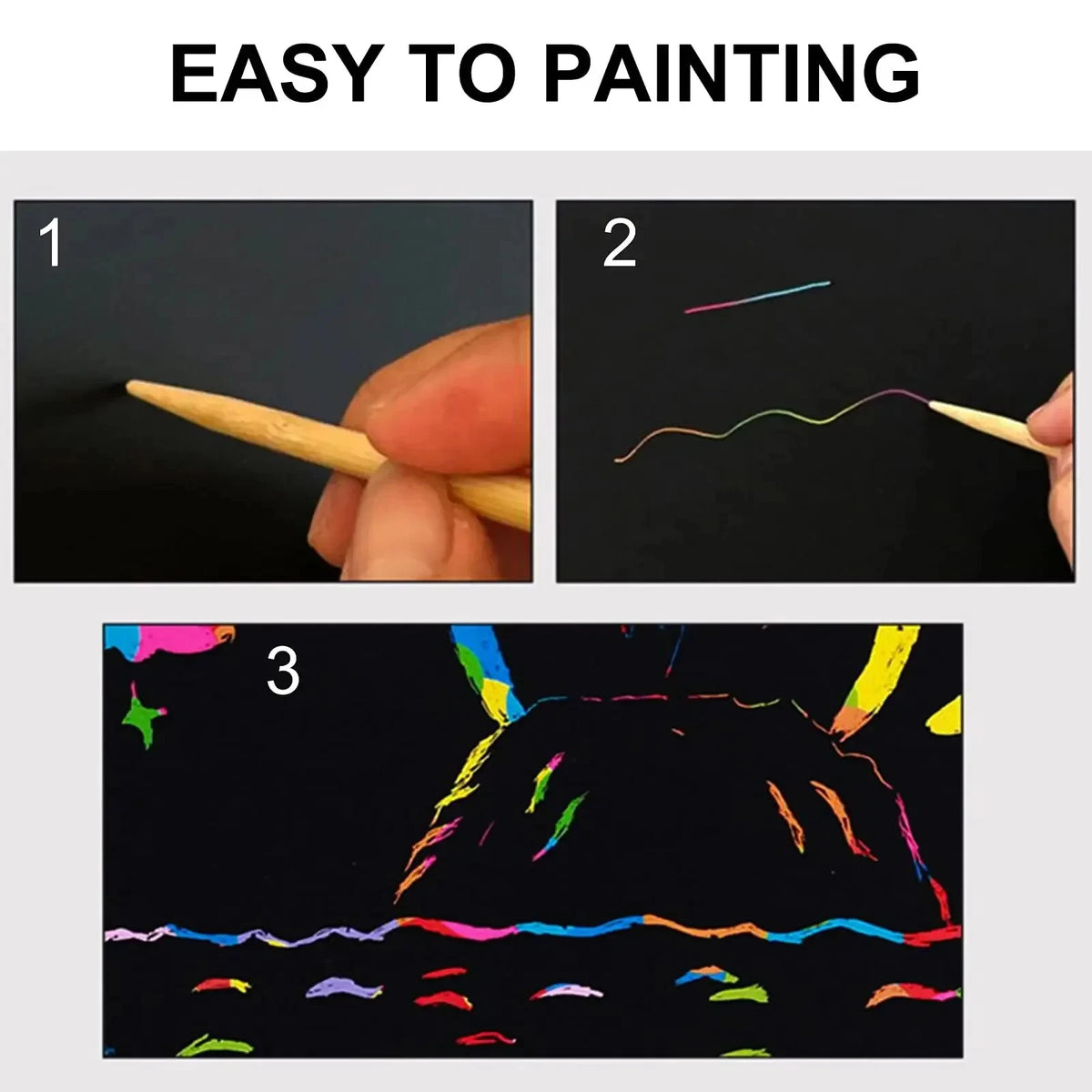 Démonstration de peinture facile avec un stylet en bois pour créer des lignes colorées sur une surface sombre.