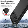 A close-up view of a black phone case demonstrating drop protection and shock absorption against water droplets.