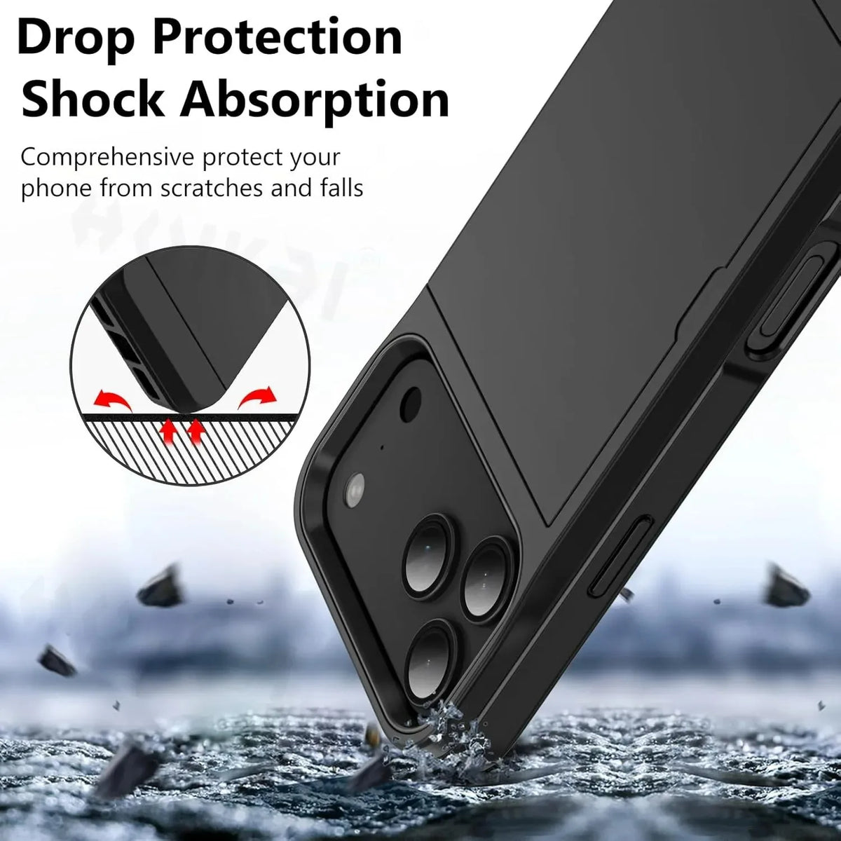 A close-up view of a black phone case demonstrating drop protection and shock absorption against water droplets.