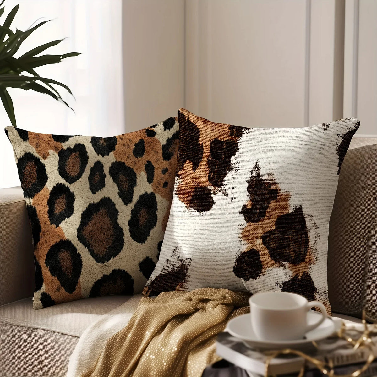 A decorative leopard print pillowcase with brown and black spots resting on a light-colored sofa.