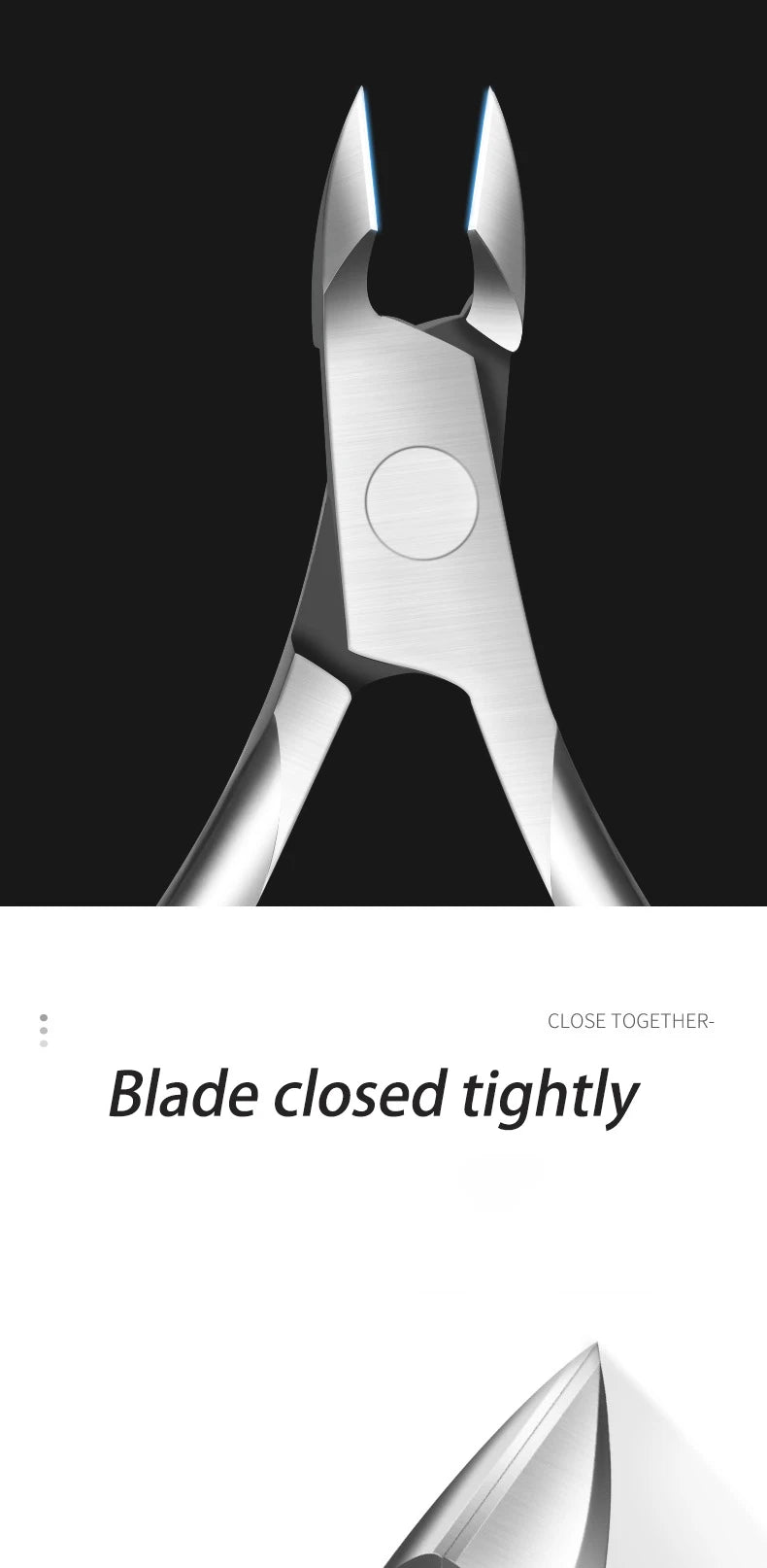 A close-up view of professional stainless steel cuticle nippers with closed blades.
