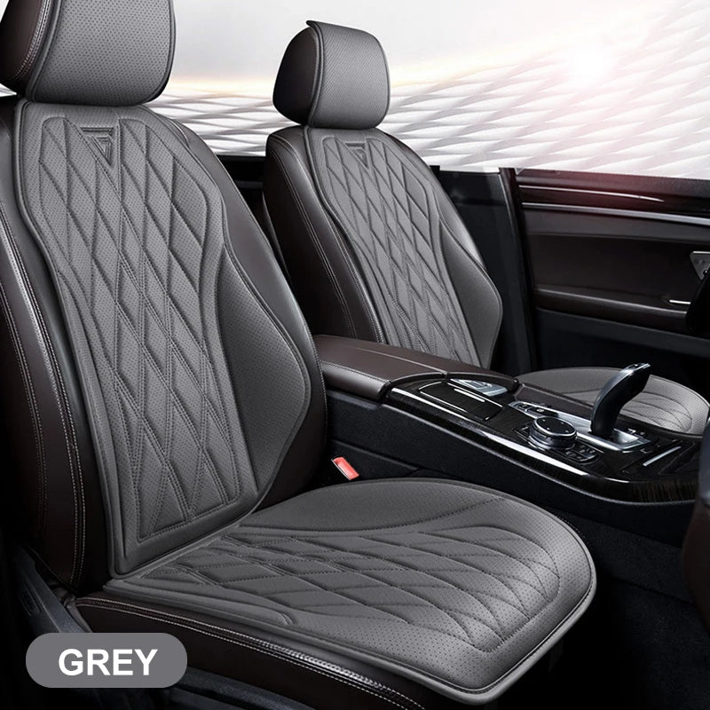 A close-up view of a dark grey breathable Nappa leather car seat cover installed in a vehicle interior.