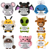 A collection of handmade crochet animal dolls featuring positive messages for Koala, Bat, Bee, Cat, and Moo.