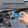 A hand holds a blue automotive current tester device near an engine component and electrical wiring.