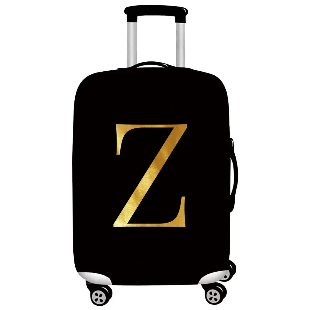 Black rolling suitcase with a gold letter Z print