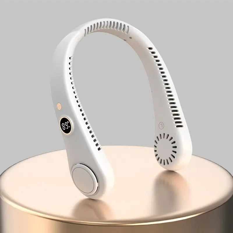 A white hands-free bladeless neck fan with a digital display is shown on a round surface.