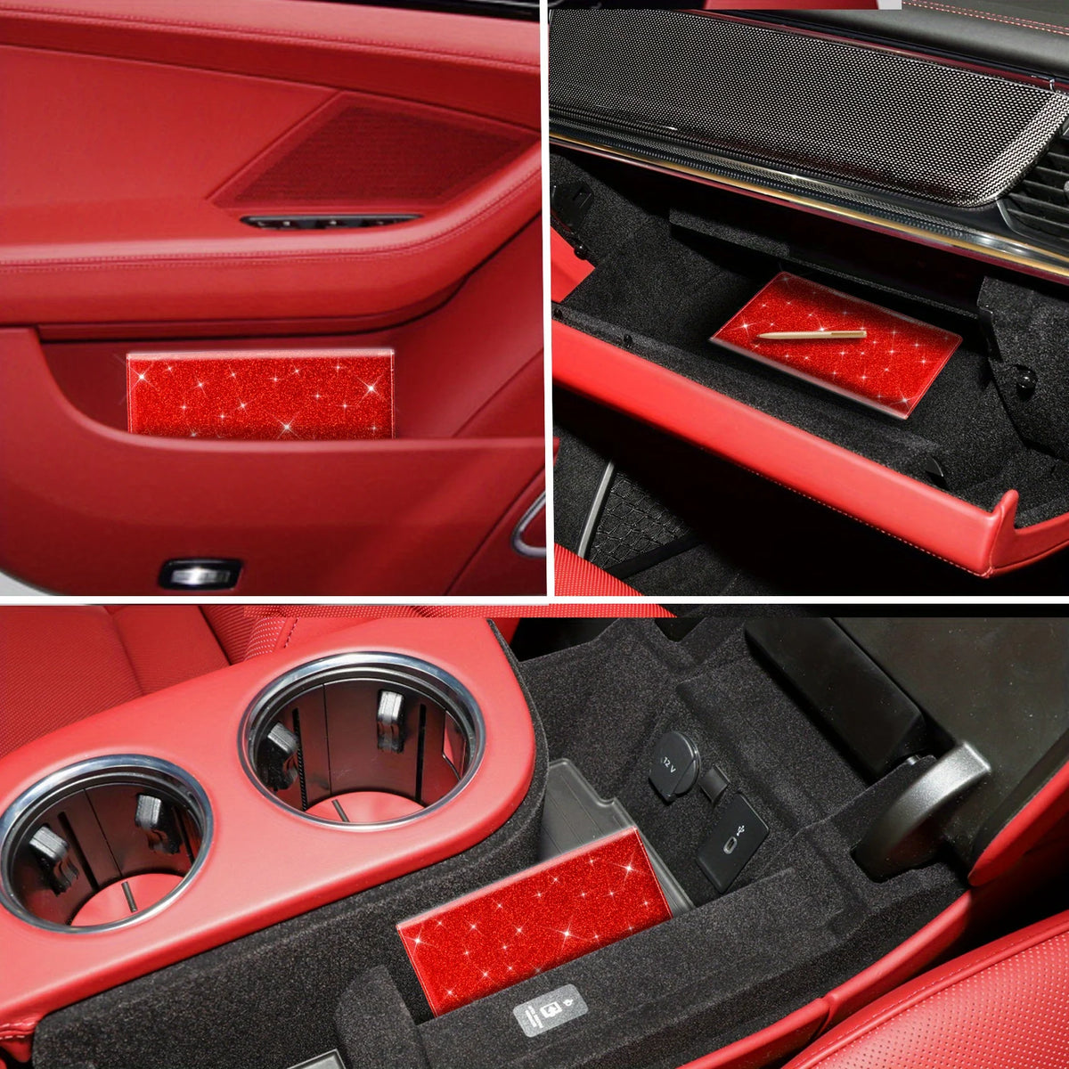Interior view of a red car showing a slim card holder wallet for vehicle registration and insurance cards.