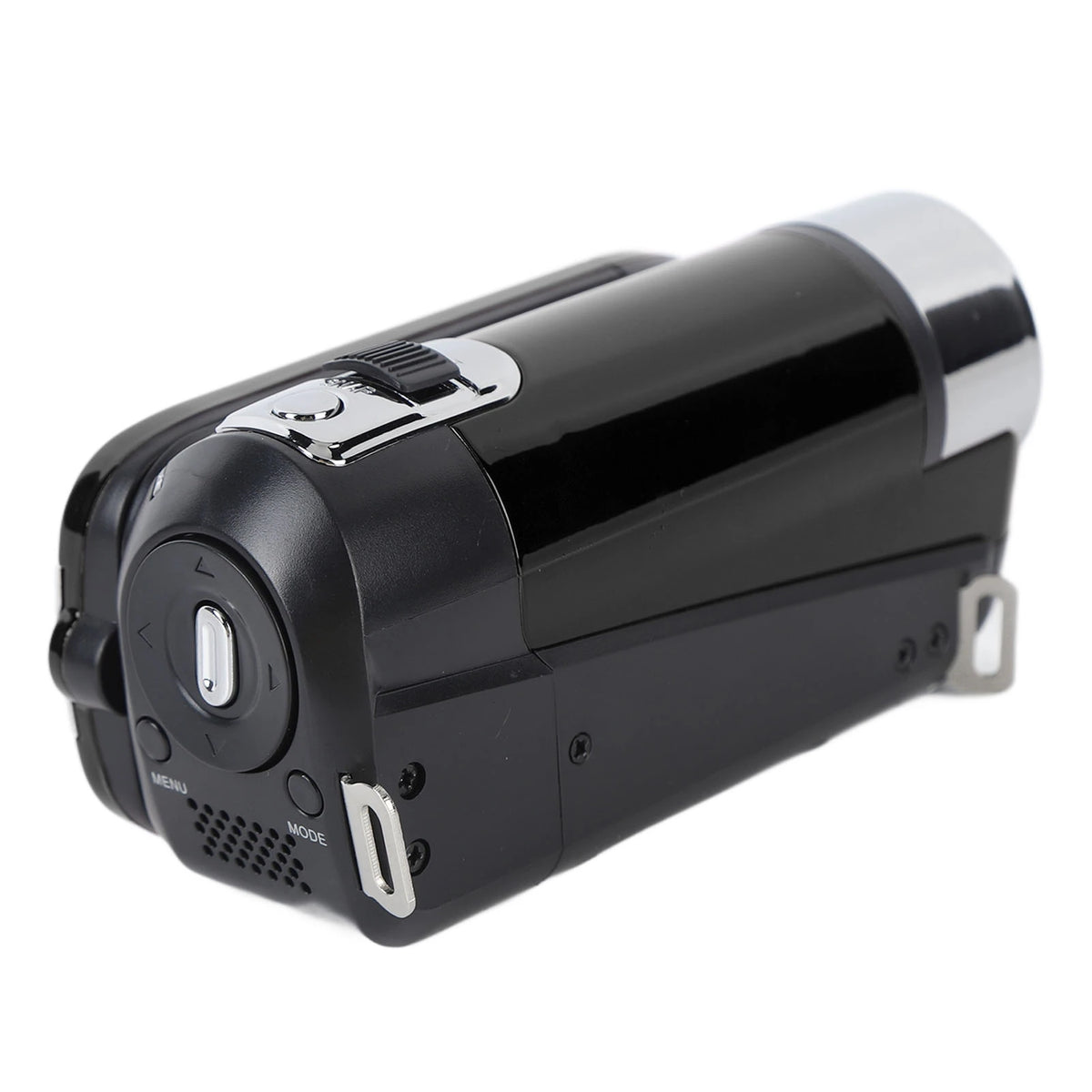 Black video camera with a silver lens and body, shown from the side.