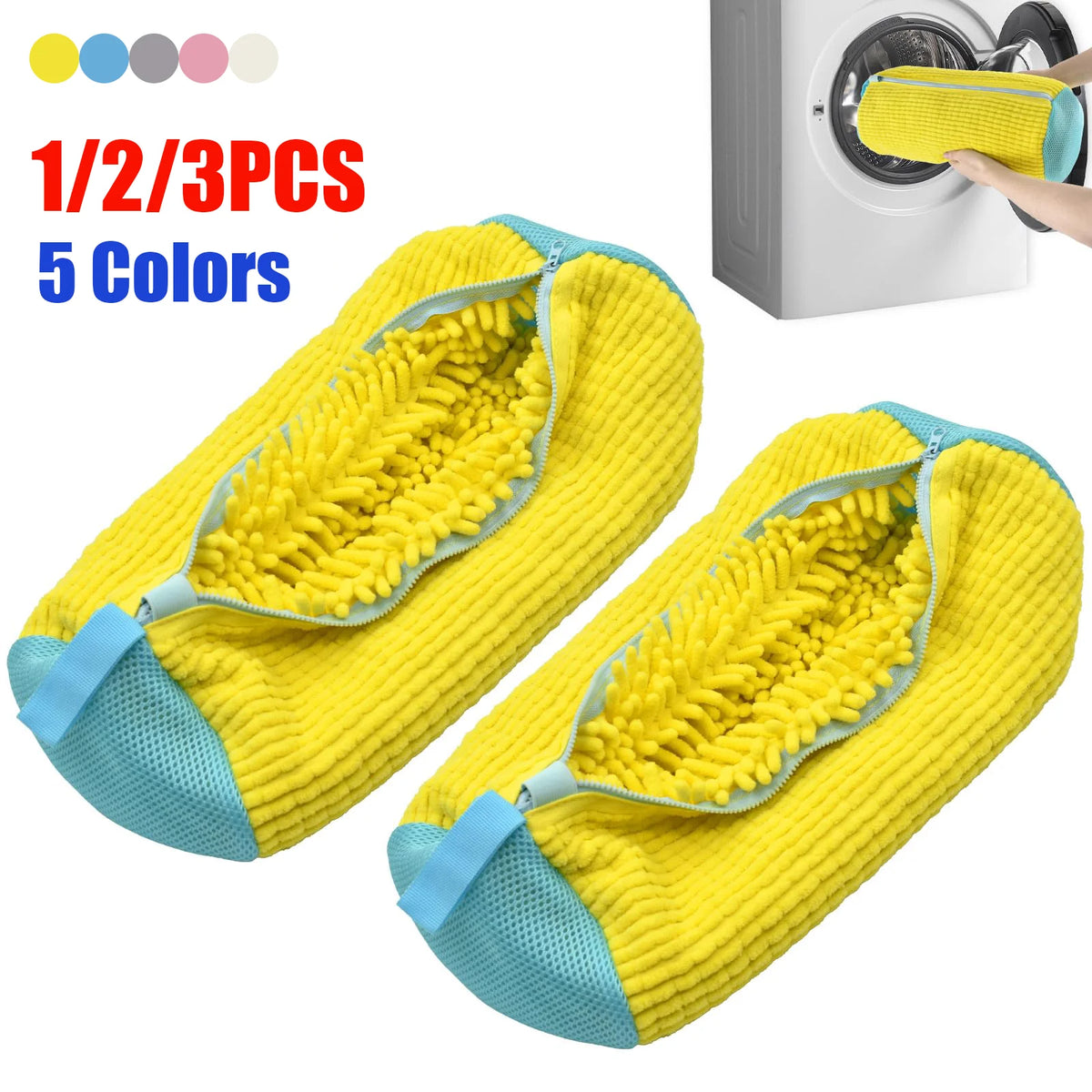 Five colorful breathable shoe washing bags with zippers shown next to a washing machine.