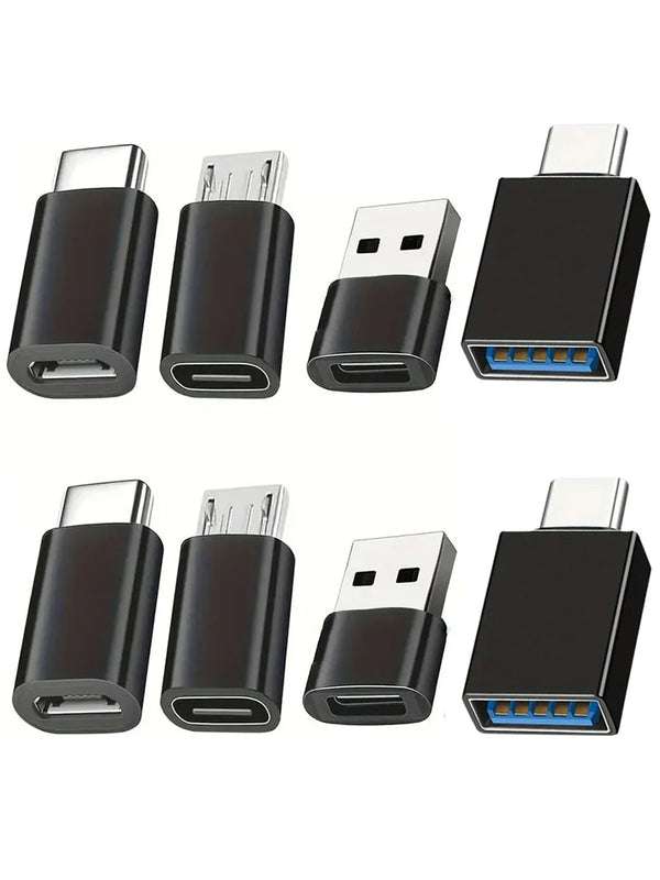 An 8-pack of black USB to USB-C adapter kits for universal type-C conversion.