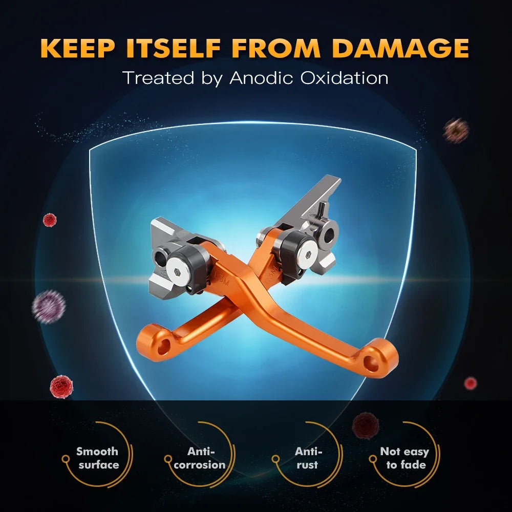 An anodized orange CNC aluminum brake and clutch lever set for dirt bikes shown within a protective shield.