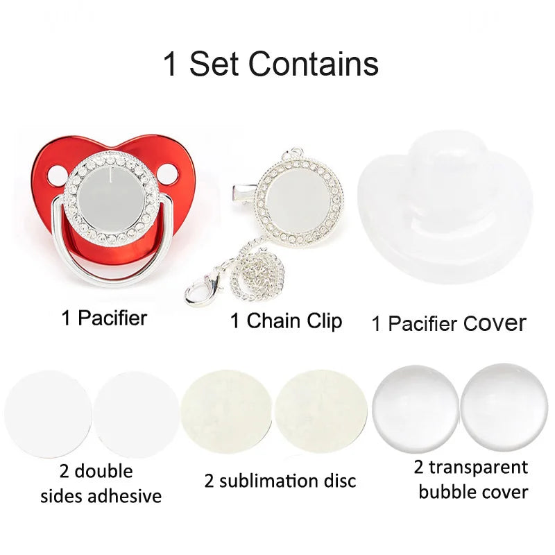 A set containing a sparkling rhinestone pacifier, chain clip, pacifier cover, and various adhesive discs.