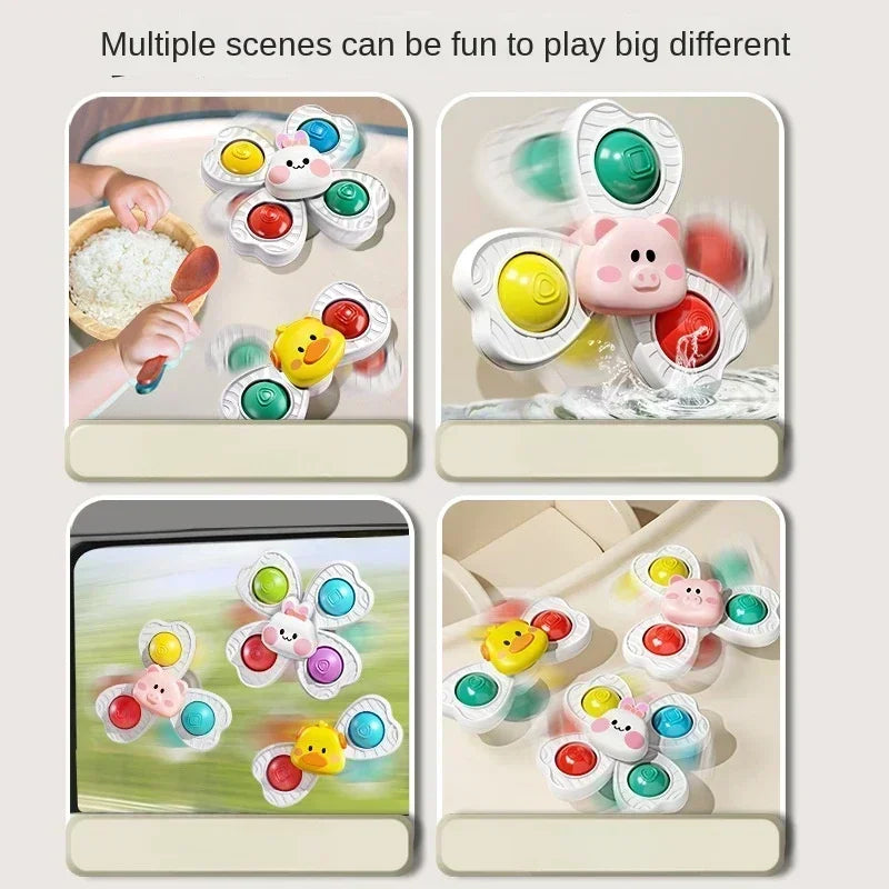 A set of spinning bath toys for toddlers featuring various animals and shapes like a pig, yellow duck, and other figures.