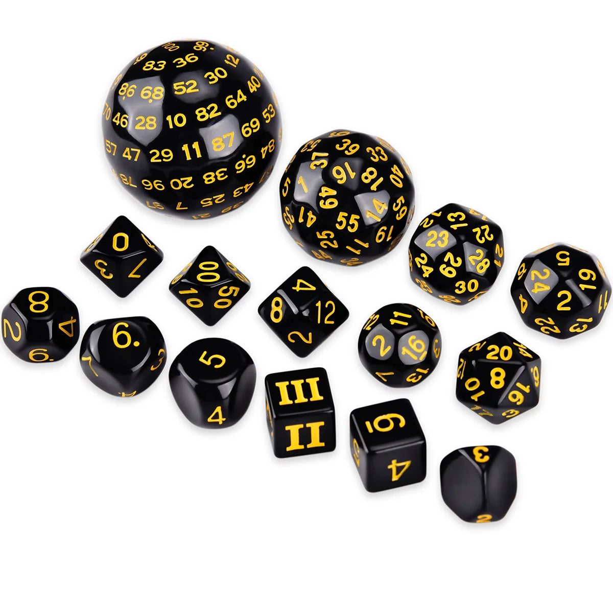 A set of fifteen polyhedral dice in black and yellow colors arranged on a white background.