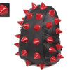 Black PU leather backpack with red rivets and studs, shown from the side.
