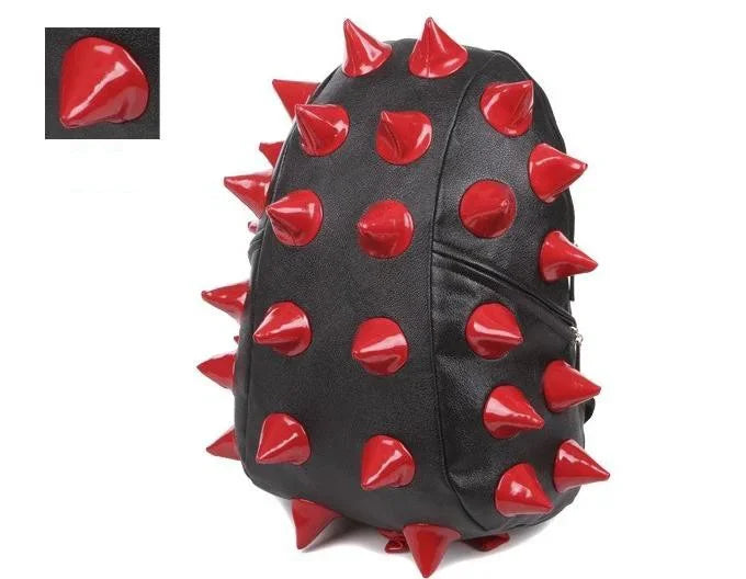 Black PU leather backpack with red rivets and studs, shown from the side.