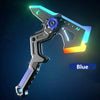 A blue light-up sword and axe toy with sound effects shown in a dynamic angle against a dark background.