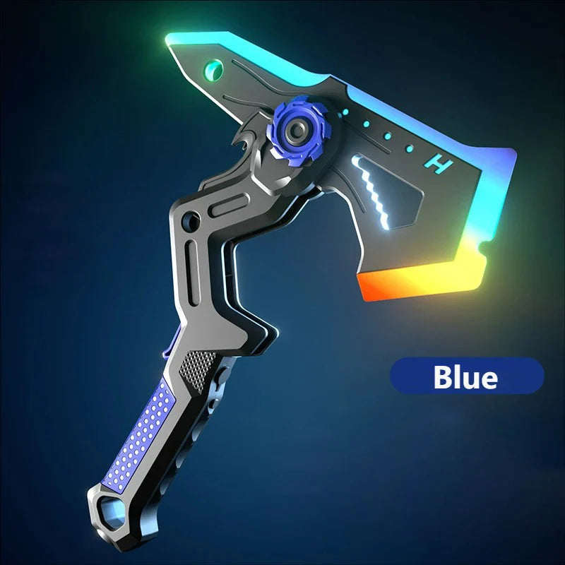 A blue light-up sword and axe toy with sound effects shown in a dynamic angle against a dark background.