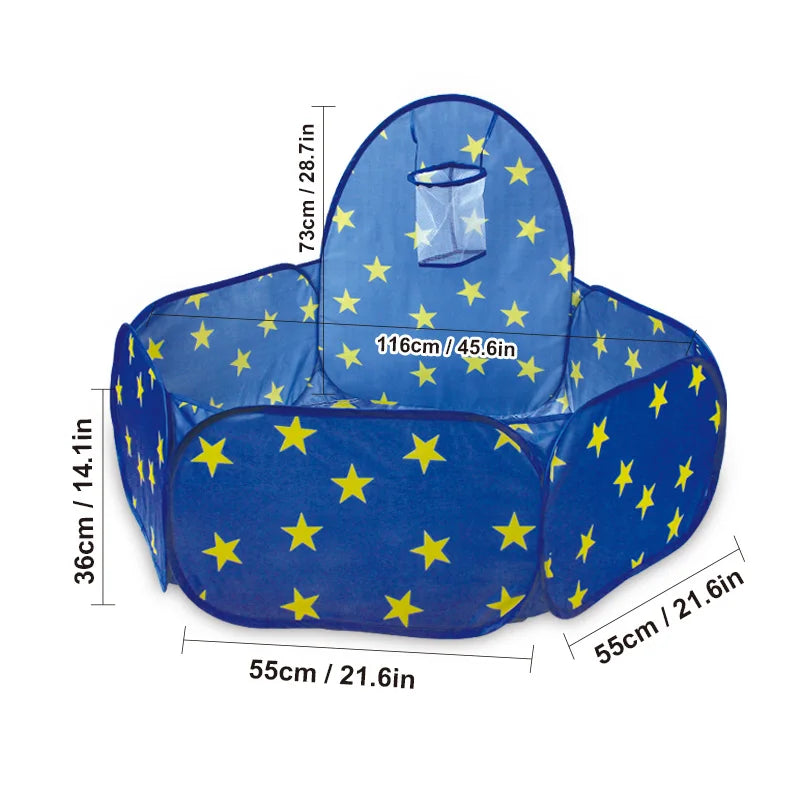 Blue foldable pop-up play tent with a clear window and yellow stars on the fabric