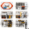 A clear plastic storage organizer containing various tools, screwdrivers, pliers, and hardware for repair and crafting.