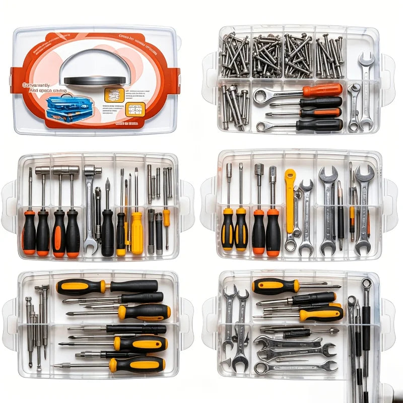 A clear plastic storage organizer containing various tools, screwdrivers, pliers, and hardware for repair and crafting.