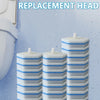 Three stacks of blue and white disposable toilet brush replacement heads for cleaning.