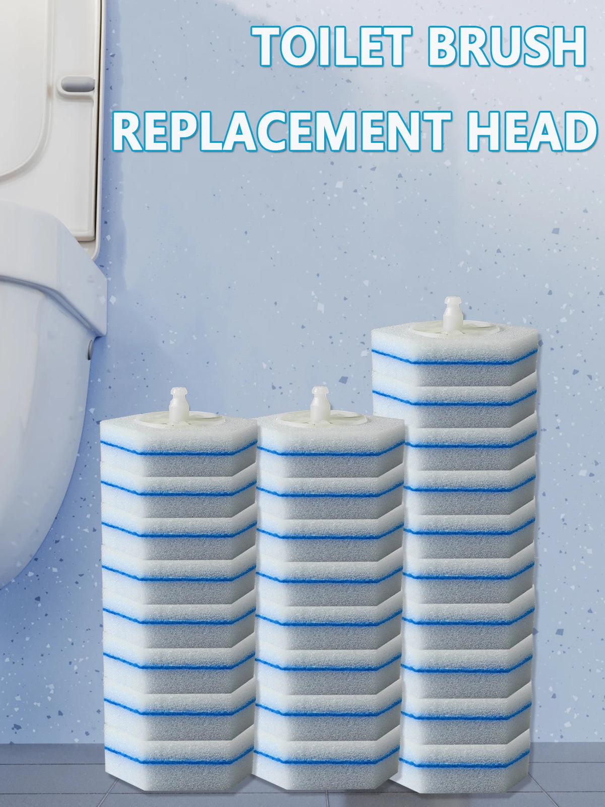 Three stacks of blue and white disposable toilet brush replacement heads for cleaning.