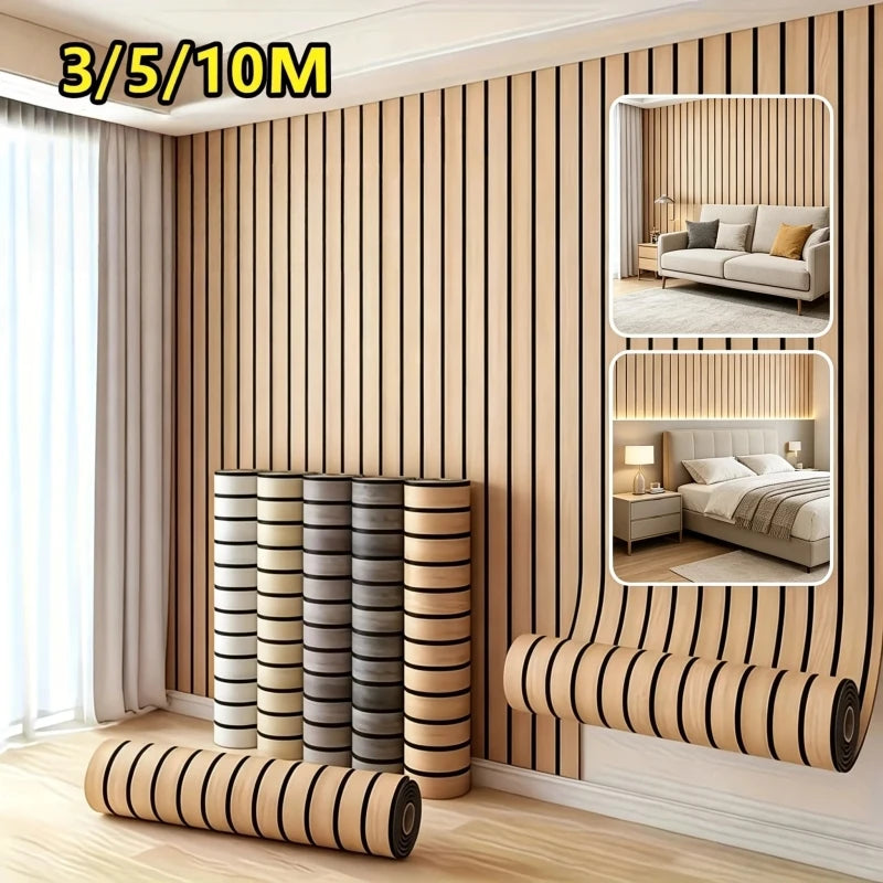 Rolls of self-adhesive wood grain wallpaper featuring vertical stripes in beige and gray tones on a wall.