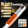 A white LED flashlight with an orange body is shown, highlighting its features like portability and telescopic focusing.