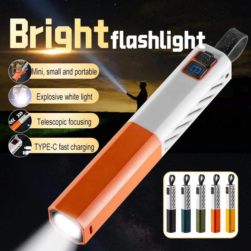 A white LED flashlight with an orange body is shown, highlighting its features like portability and telescopic focusing.