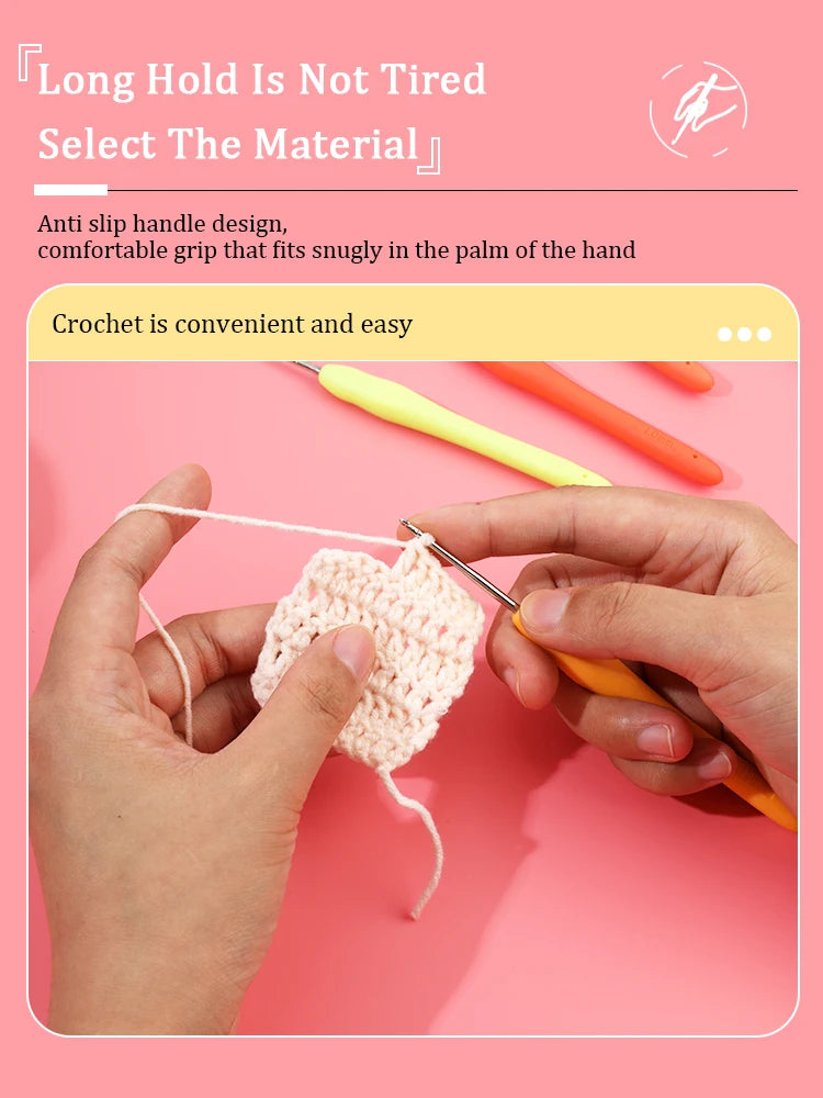 Hands are using a crochet hook to work with white yarn on a pink background.