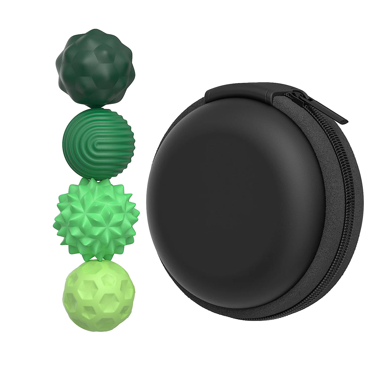 A set of five magnetic silicone sensory balls in various shades of green and lime green.