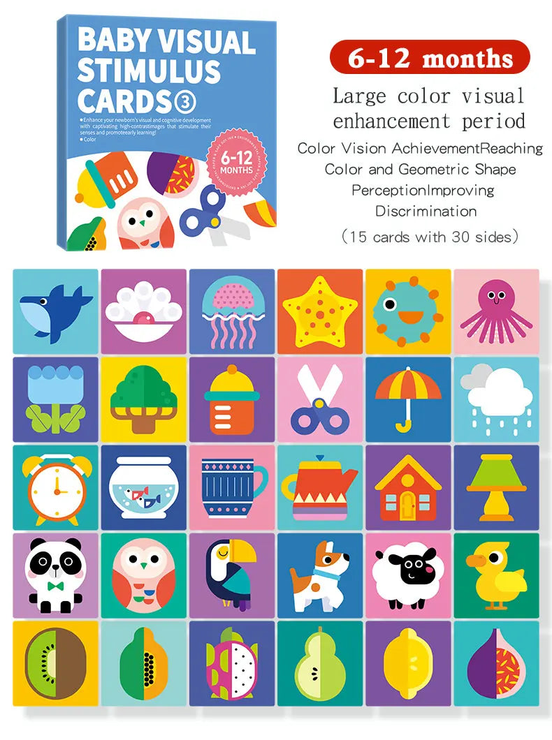 A set of 15 large color visual cards for baby visual stimulation featuring various shapes and objects.